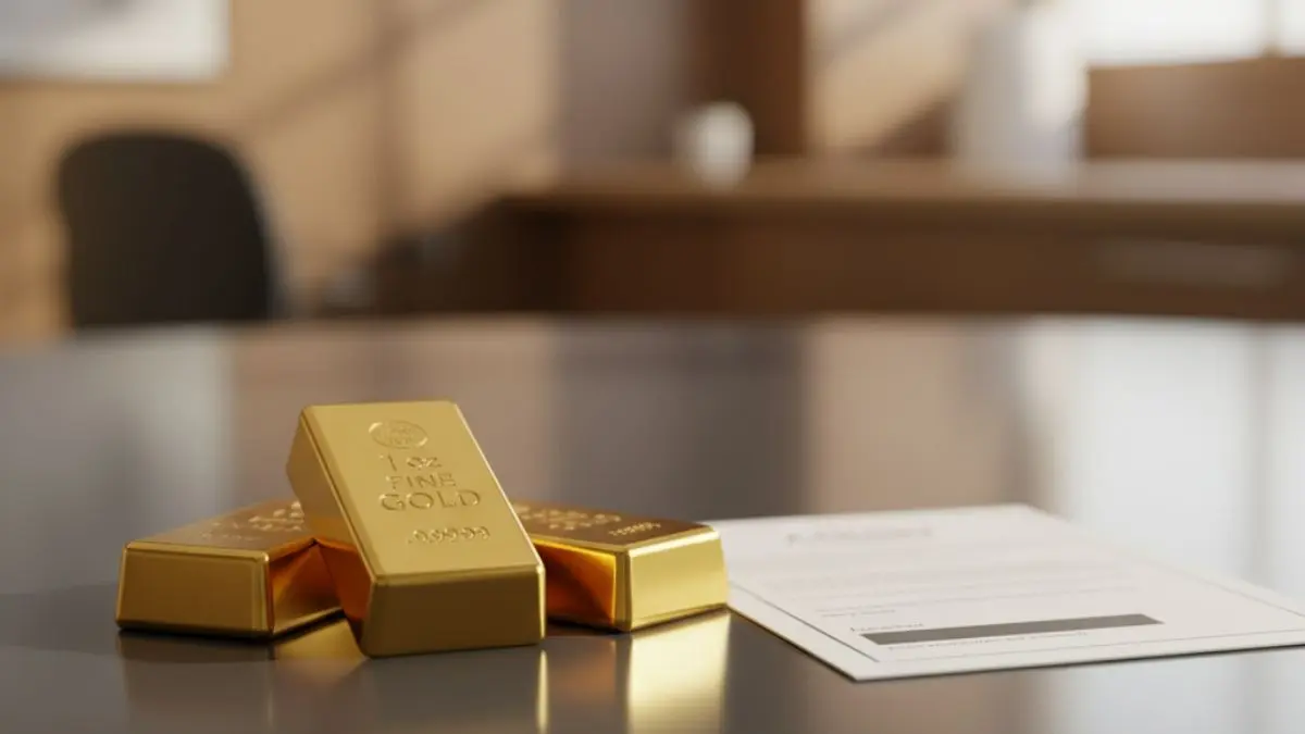 1oz fine gold bars on scale showing value and many ounces in a pound of gold