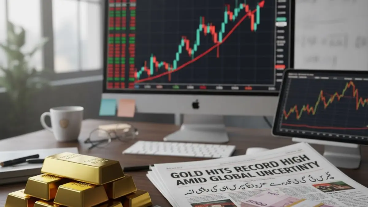 Gold bars with rising charts showing record high gold prices today