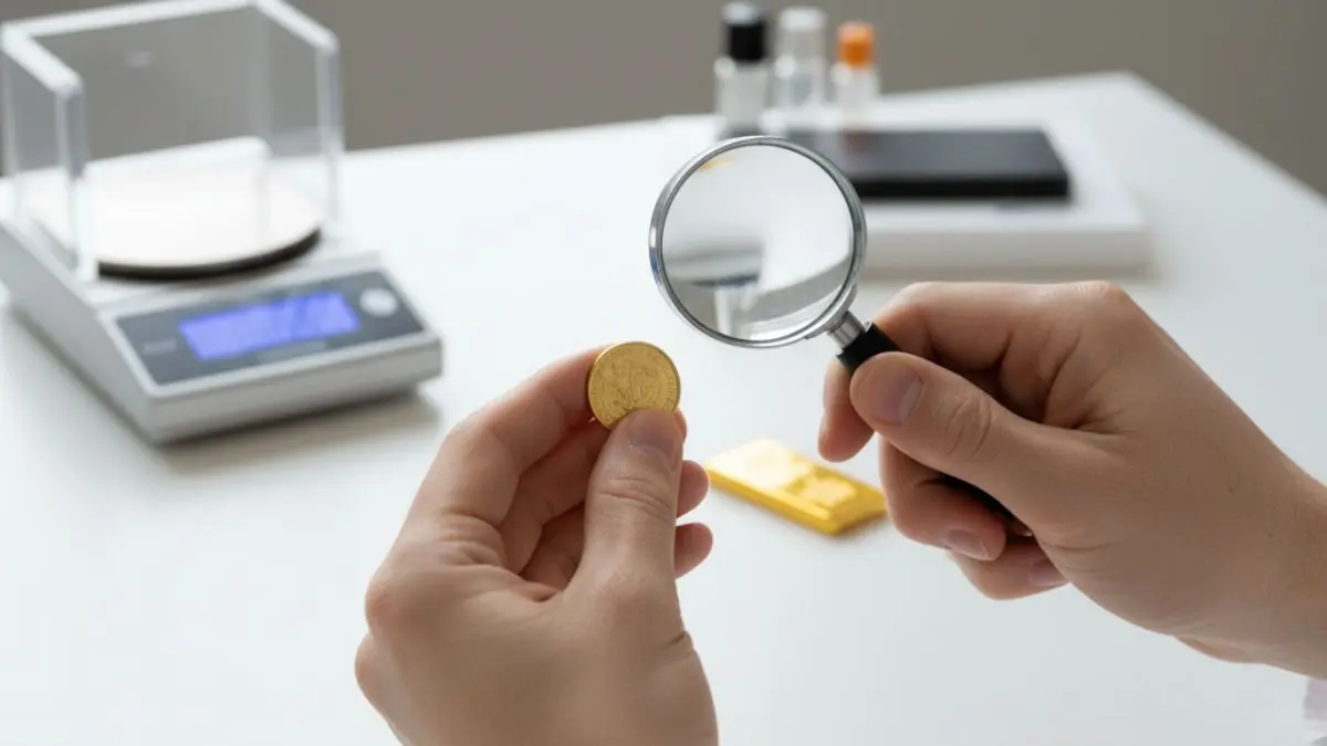 Hands checking a gold coin with magnifying loupe to verify real gold before investing
