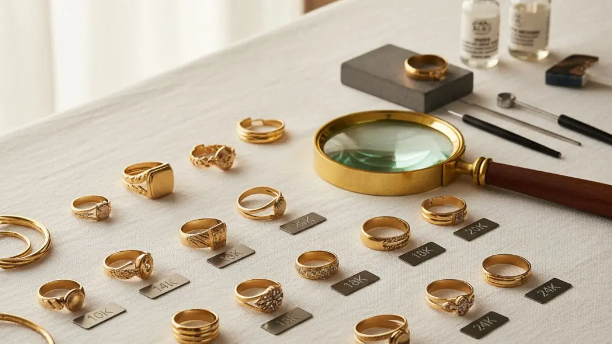 Different karat gold jewelry showing purity levels and many ounces in a pound of gold