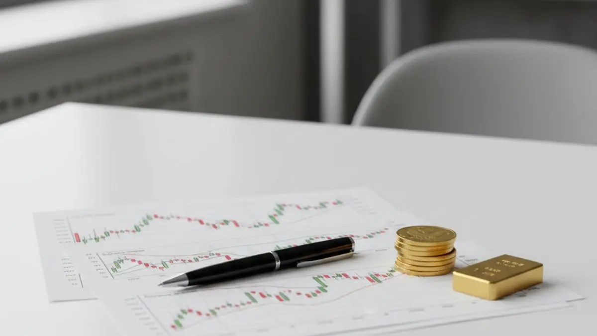 Gold coins and gold bar placed with market charts to explain investing in gold