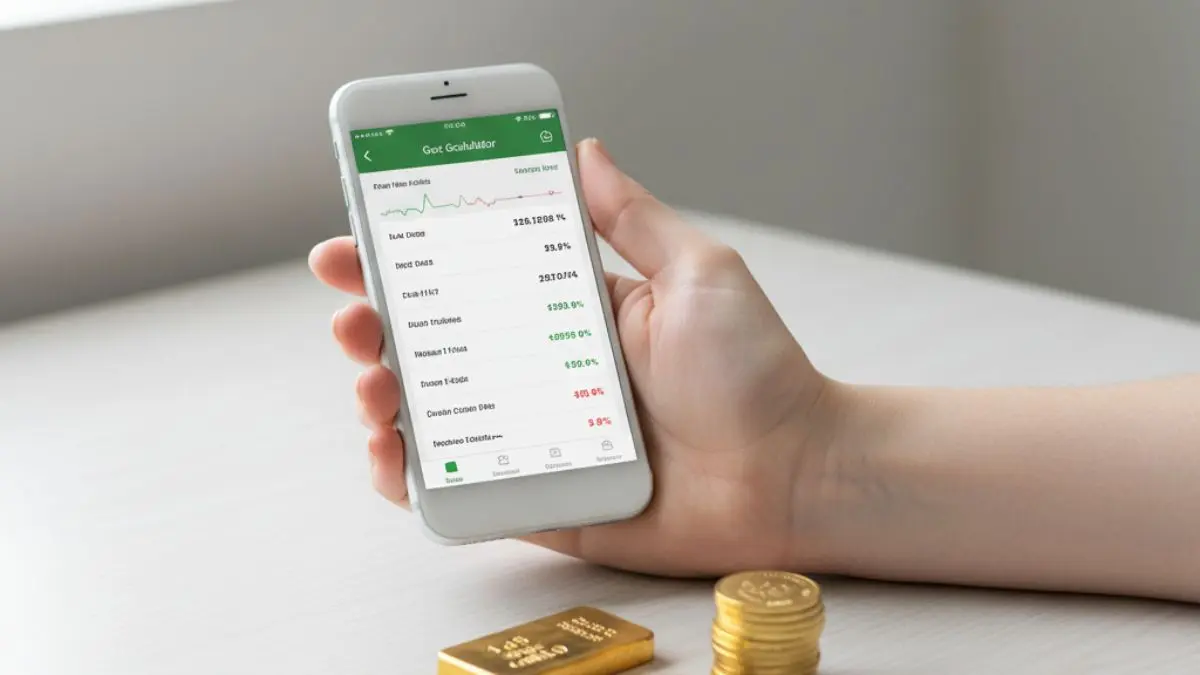 Phone displaying gold price calculator next to gold bar for smart gold investment decisions