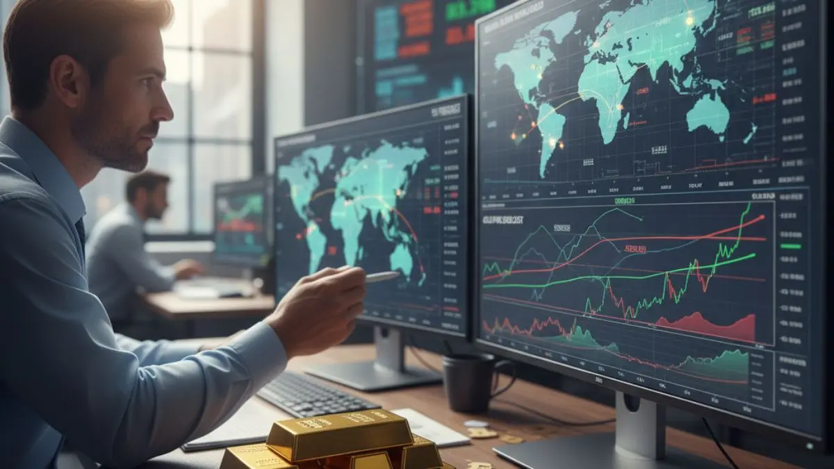 Financial analyst studying gold price data and prediction charts